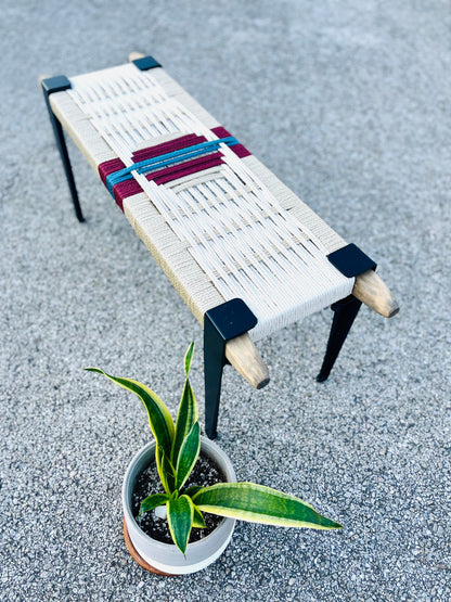 Mid Century Bench | Custom Size Woven Entryway Seating With Matte Black Legs