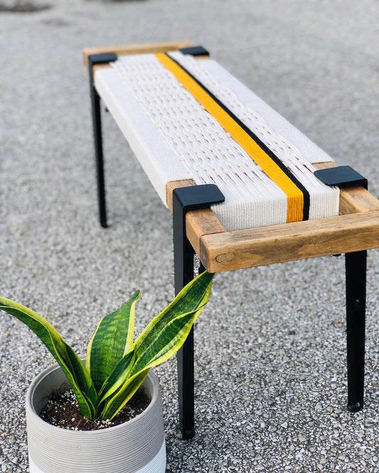 Mid Century Bench | Custom Size Woven Entryway Seating With Matte Black Legs