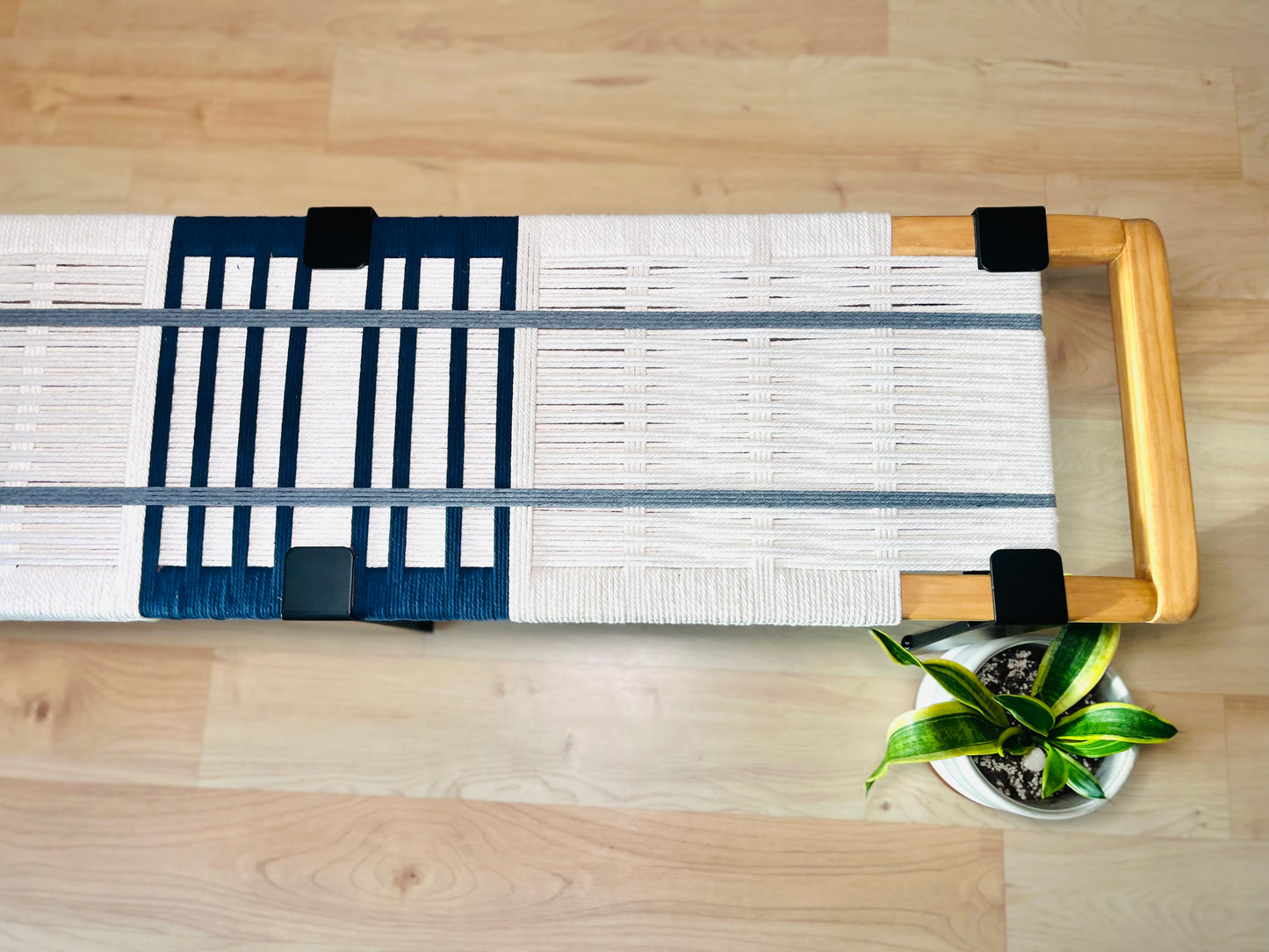 Mid Century Bench | Custom Size Woven Entryway Seating With Matte Black Legs