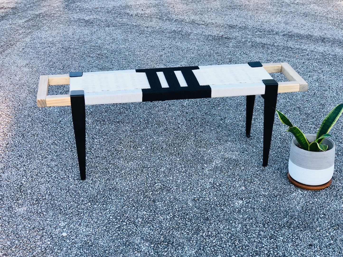 Mid Century Bench | Custom Size Woven Entryway Seating With Matte Black Legs