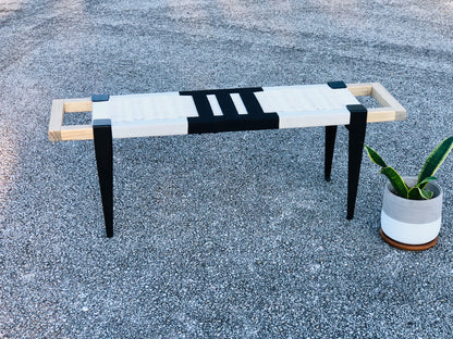 Mid Century Bench | Custom Size Woven Entryway Seating With Matte Black Legs