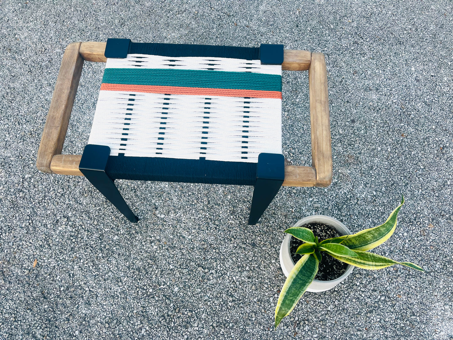 Mid Century Bench | Custom Size Woven Entryway Seating With Matte Black Legs