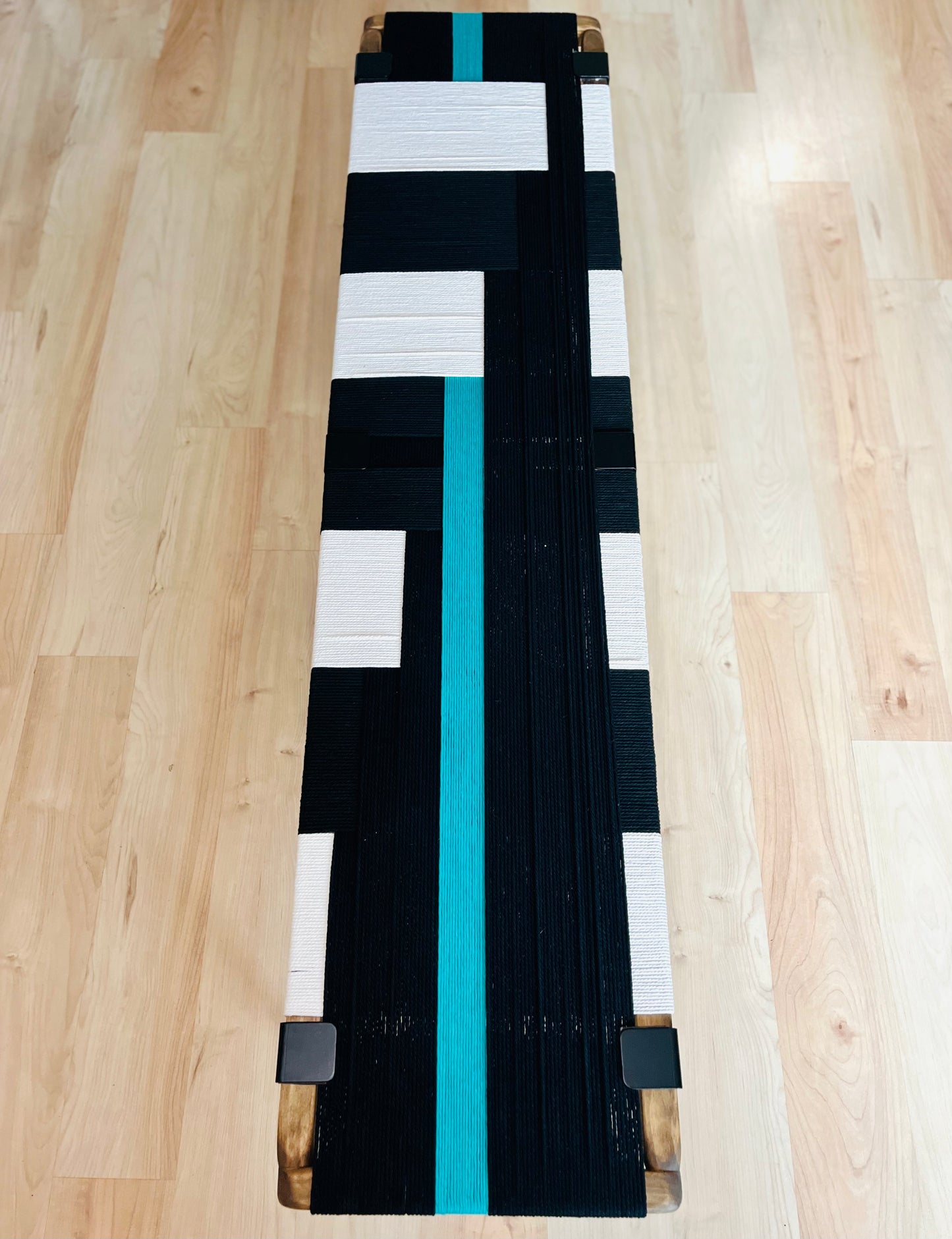 Mid Century Bench | Custom Size Woven Entryway Seating With Matte Black Legs