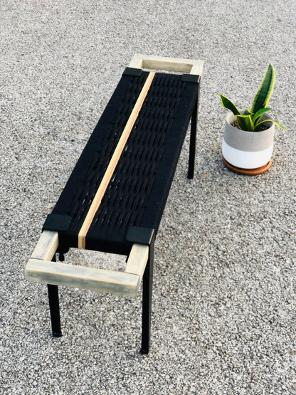 Mid Century Bench | Custom Size Woven Entryway Seating With Matte Black Legs