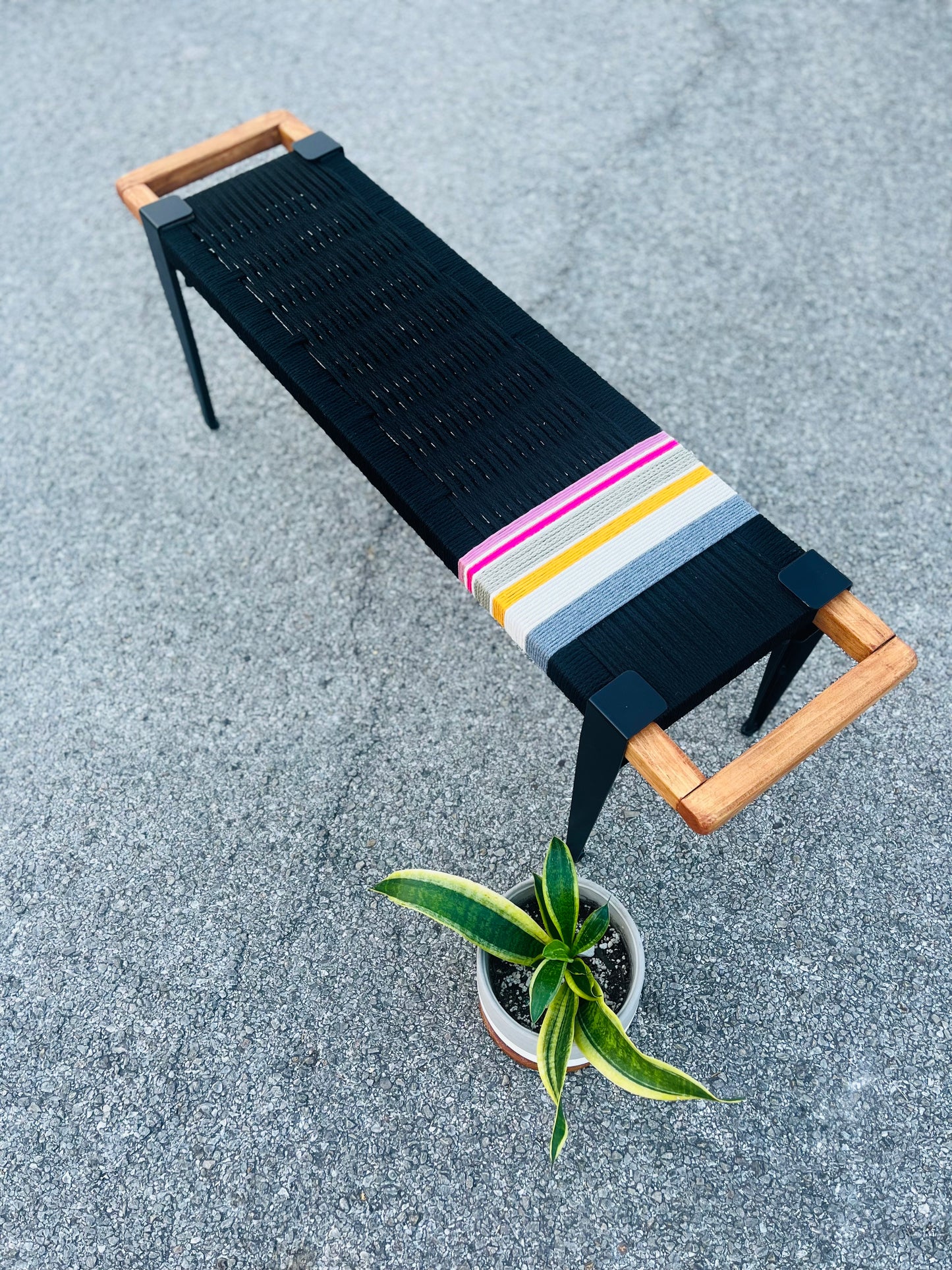 Mid Century Bench | Custom Size Woven Entryway Seating With Matte Black Legs