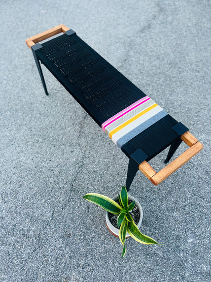 Mid Century Bench | Custom Size Woven Entryway Seating With Matte Black Legs