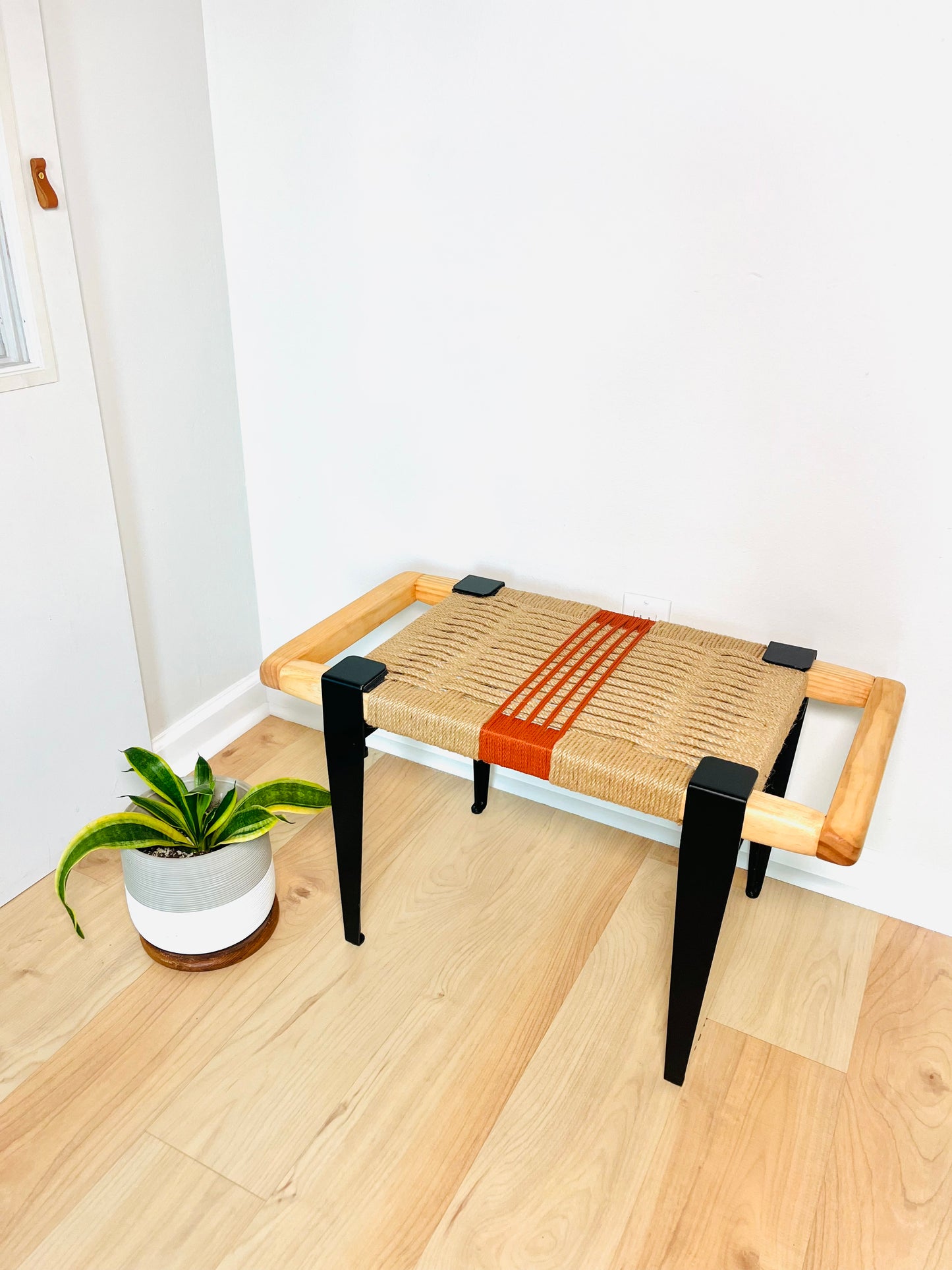 Mid Century Bench | Custom Size Woven Entryway Seating With Matte Black Legs
