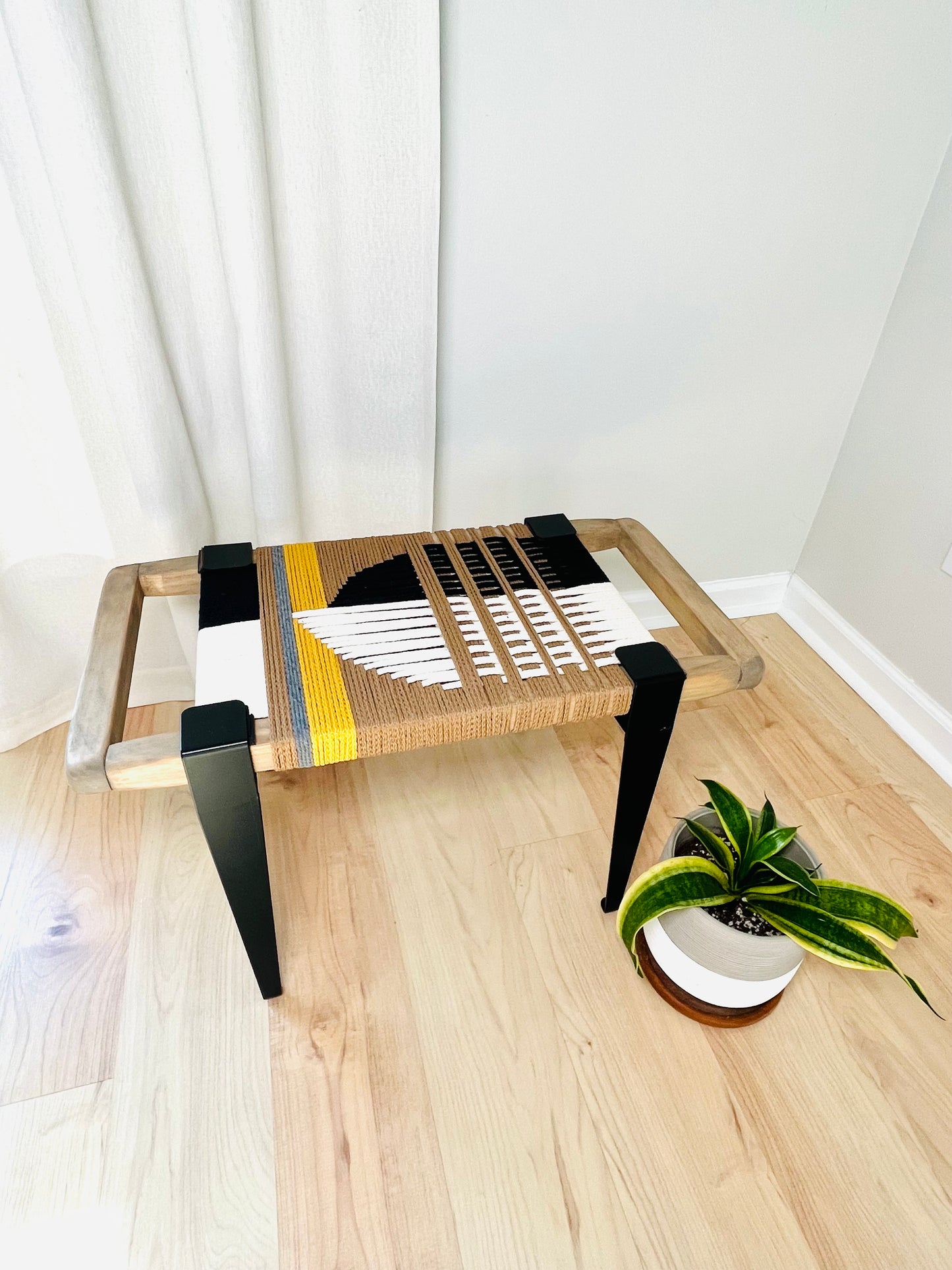 Mid Century Bench | Custom Size Woven Entryway Seating With Matte Black Legs