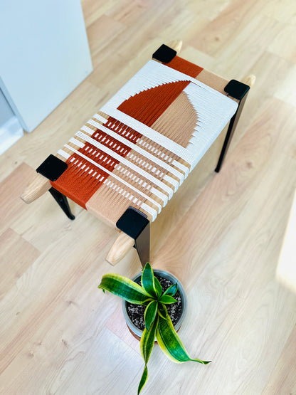 Mid Century Bench | Custom Size Woven Entryway Seating With Matte Black Legs