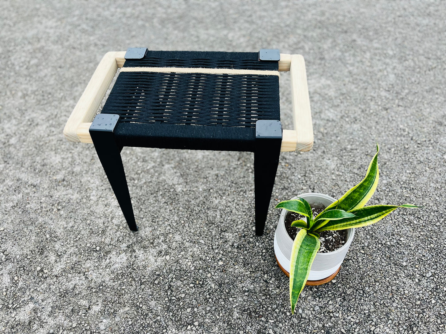 Mid Century Bench | Custom Size Woven Entryway Seating With Matte Black Legs