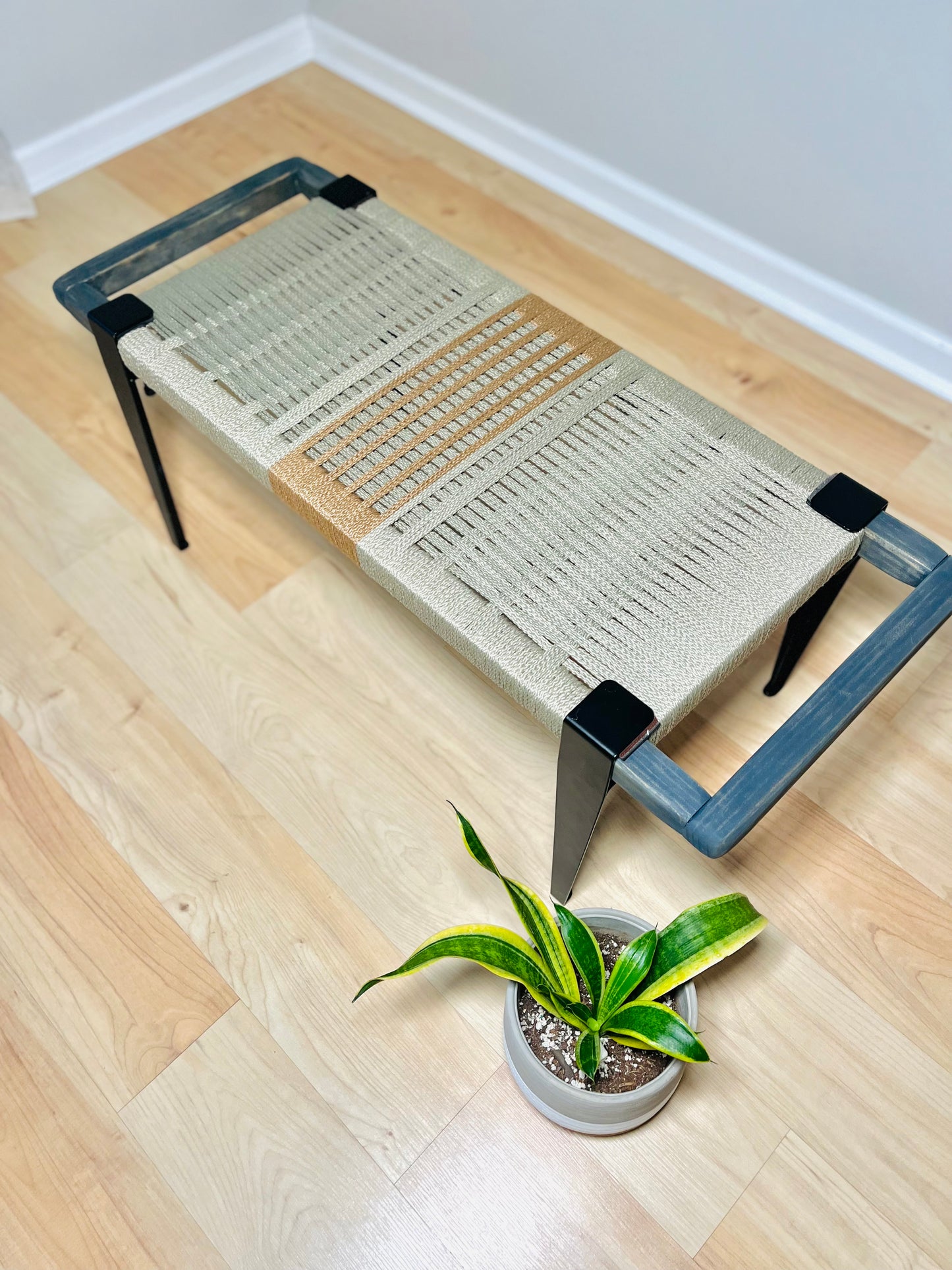 Mid Century Bench | Custom Size Woven Entryway Seating With Matte Black Legs