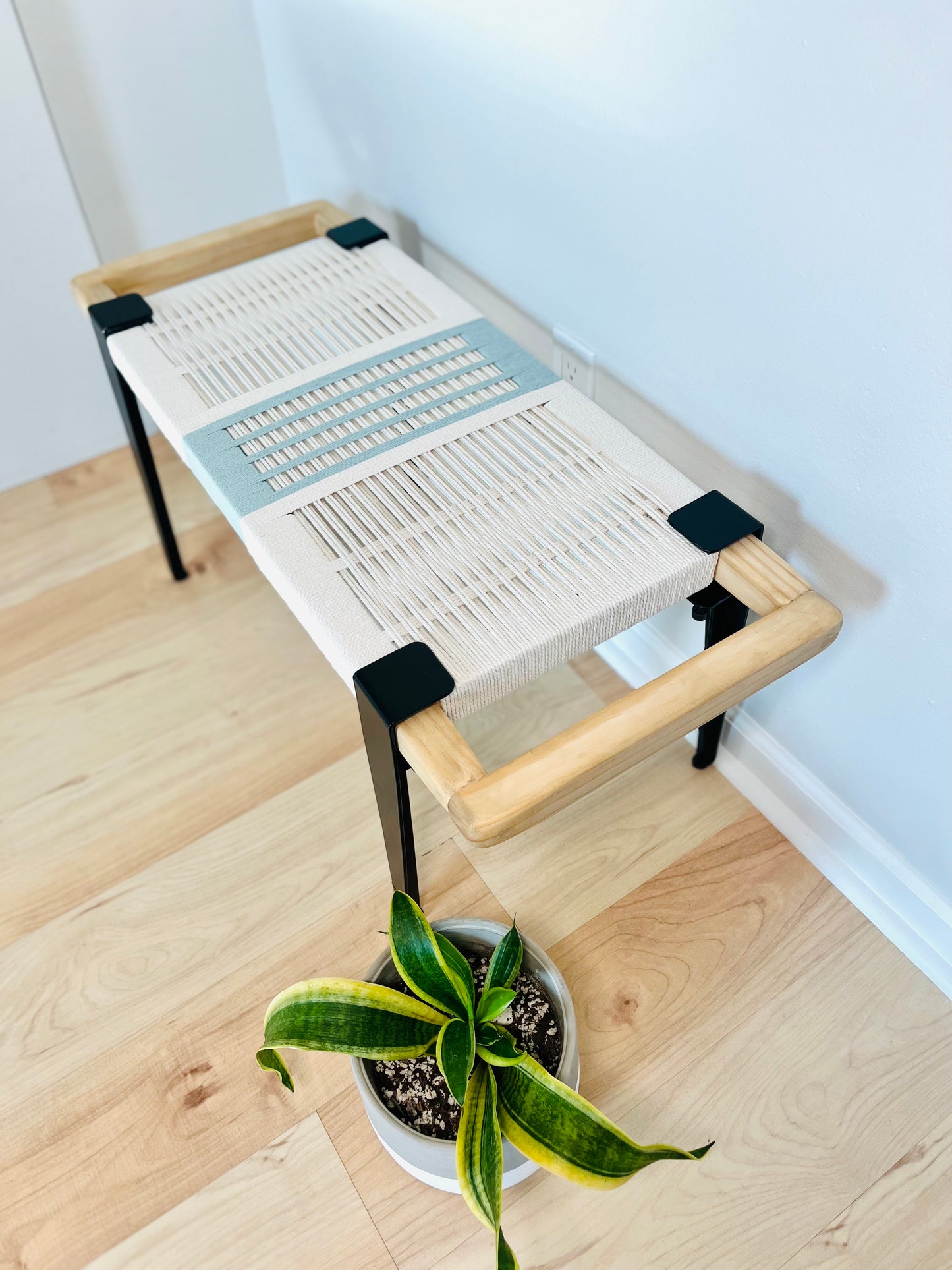 Mid Century Bench | Custom Size Woven Entryway Seating With Matte Black Legs