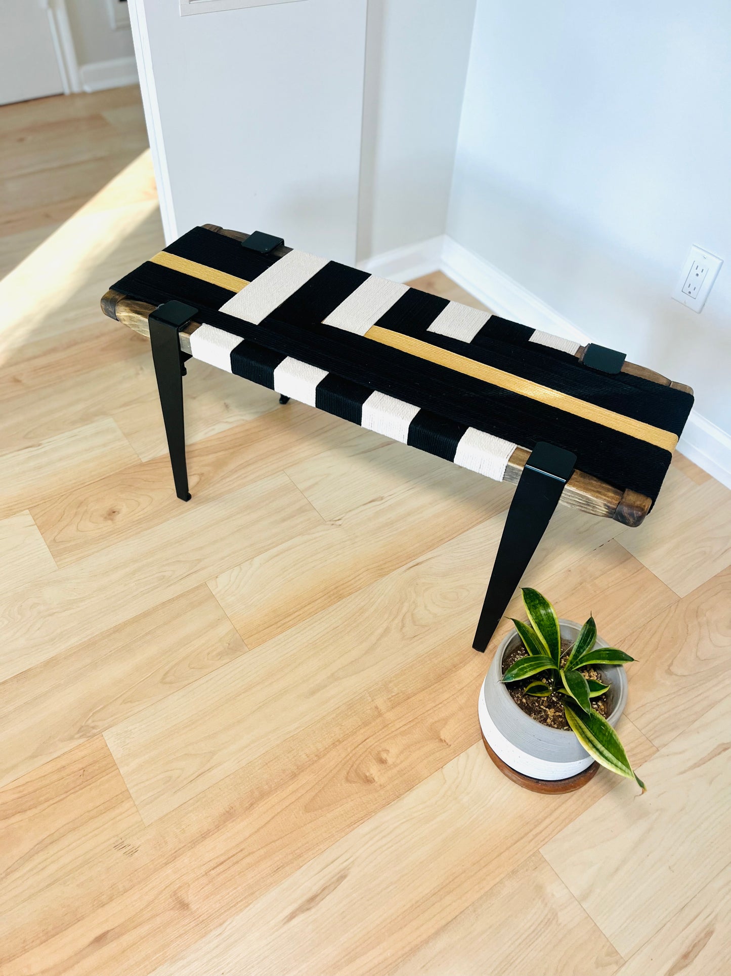 Mid Century Bench | Custom Size Woven Entryway Seating With Matte Black Legs
