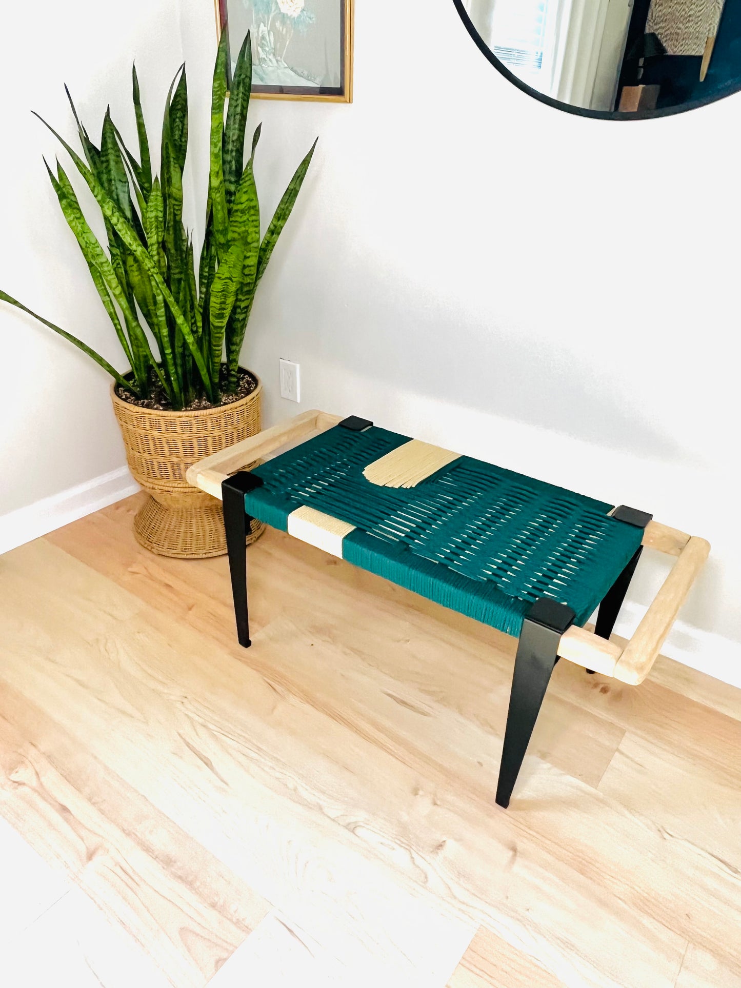 Mid Century Bench | Custom Size Woven Entryway Seating With Matte Black Legs