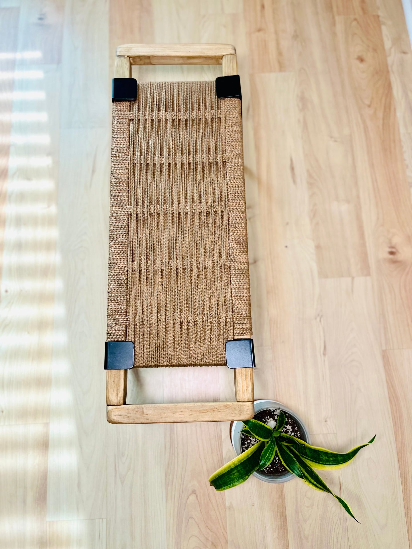 Mid Century Bench | Custom Size Woven Entryway Seating With Matte Black Legs