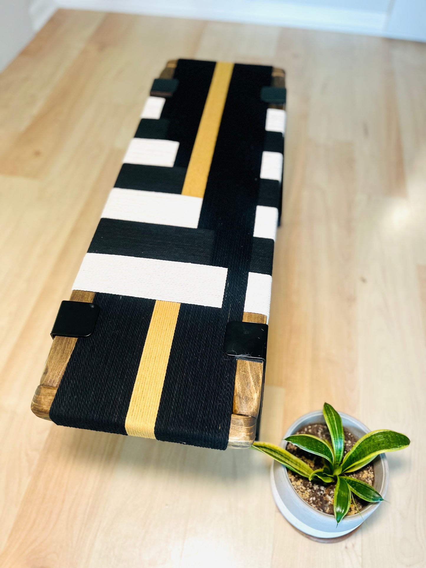 Mid Century Bench | Custom Size Woven Entryway Seating With Matte Black Legs