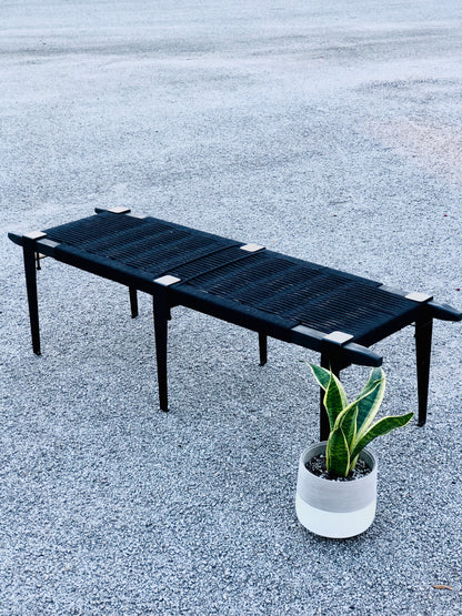 Mid Century Bench | Custom Size Woven Entryway Seating With Matte Black Legs