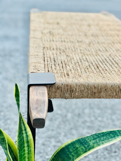 Mid Century Bench | Custom Size Woven Entryway Seating With Matte Black Legs