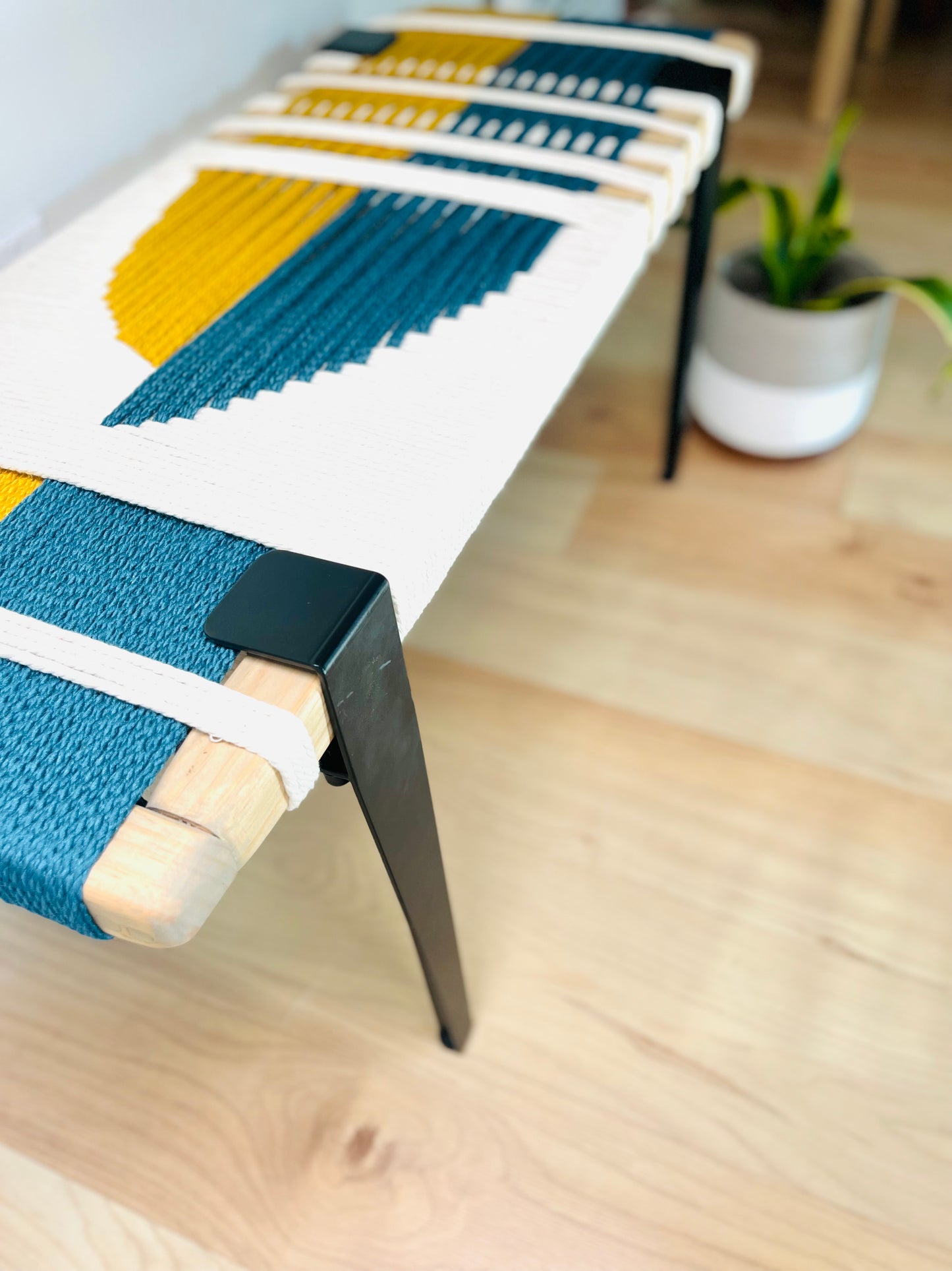 Mid Century Bench | Custom Size Woven Entryway Seating With Matte Black Legs