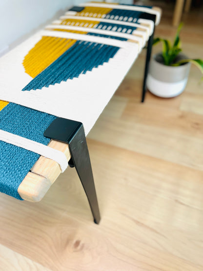 Mid Century Bench | Custom Size Woven Entryway Seating With Matte Black Legs
