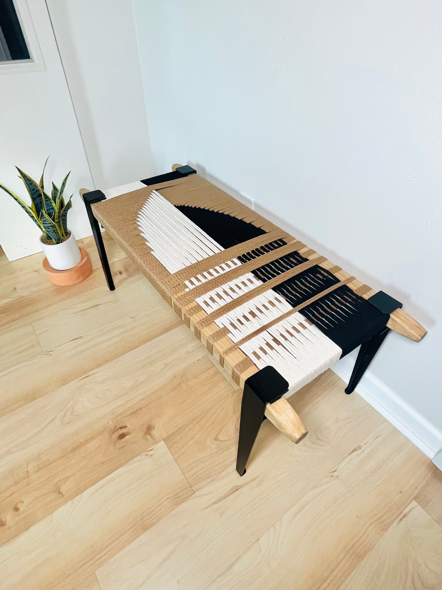 Mid Century Bench | Custom Size Woven Entryway Seating With Matte Black Legs