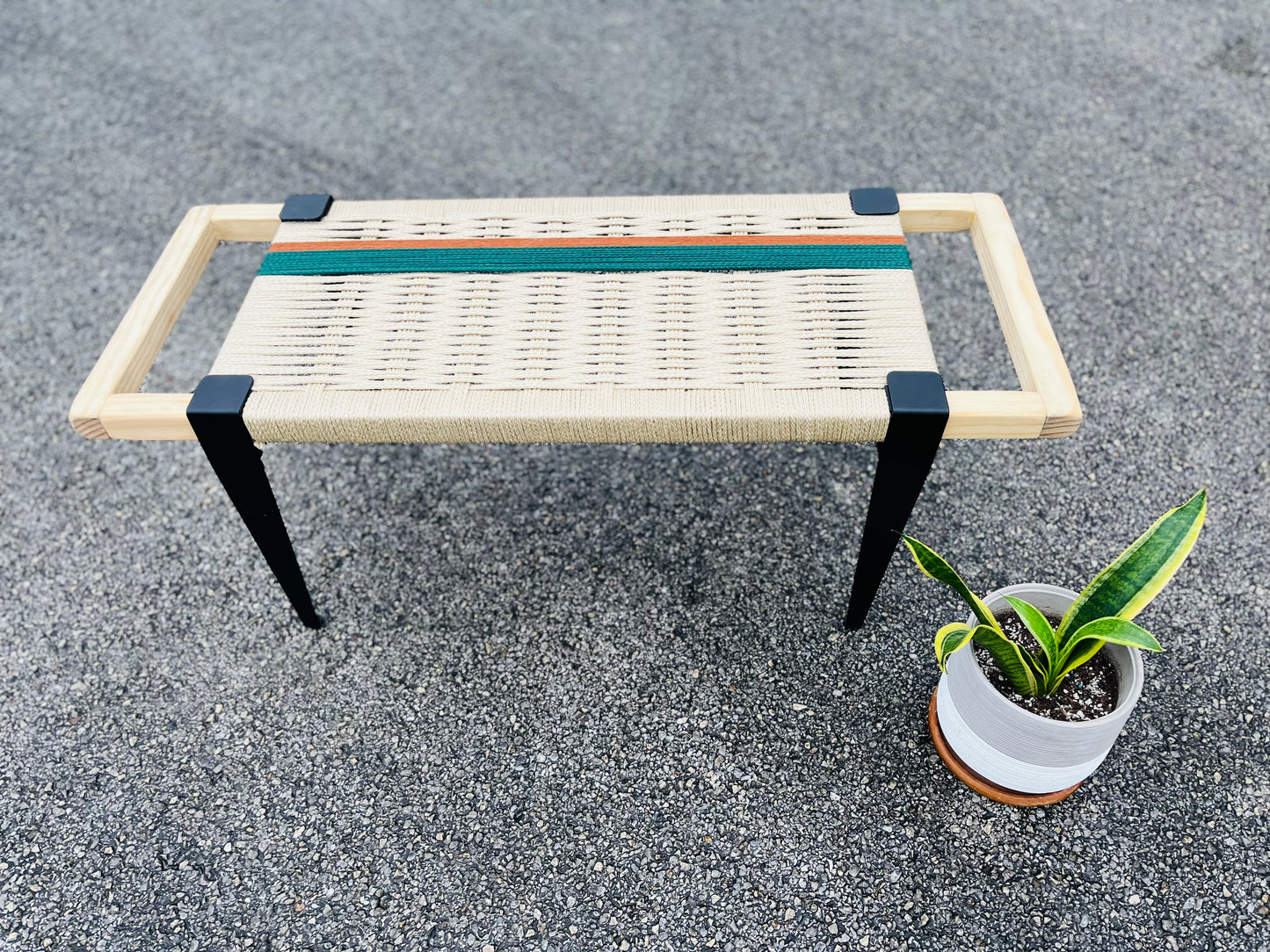 Mid Century Bench | Custom Size Woven Entryway Seating With Matte Black Legs