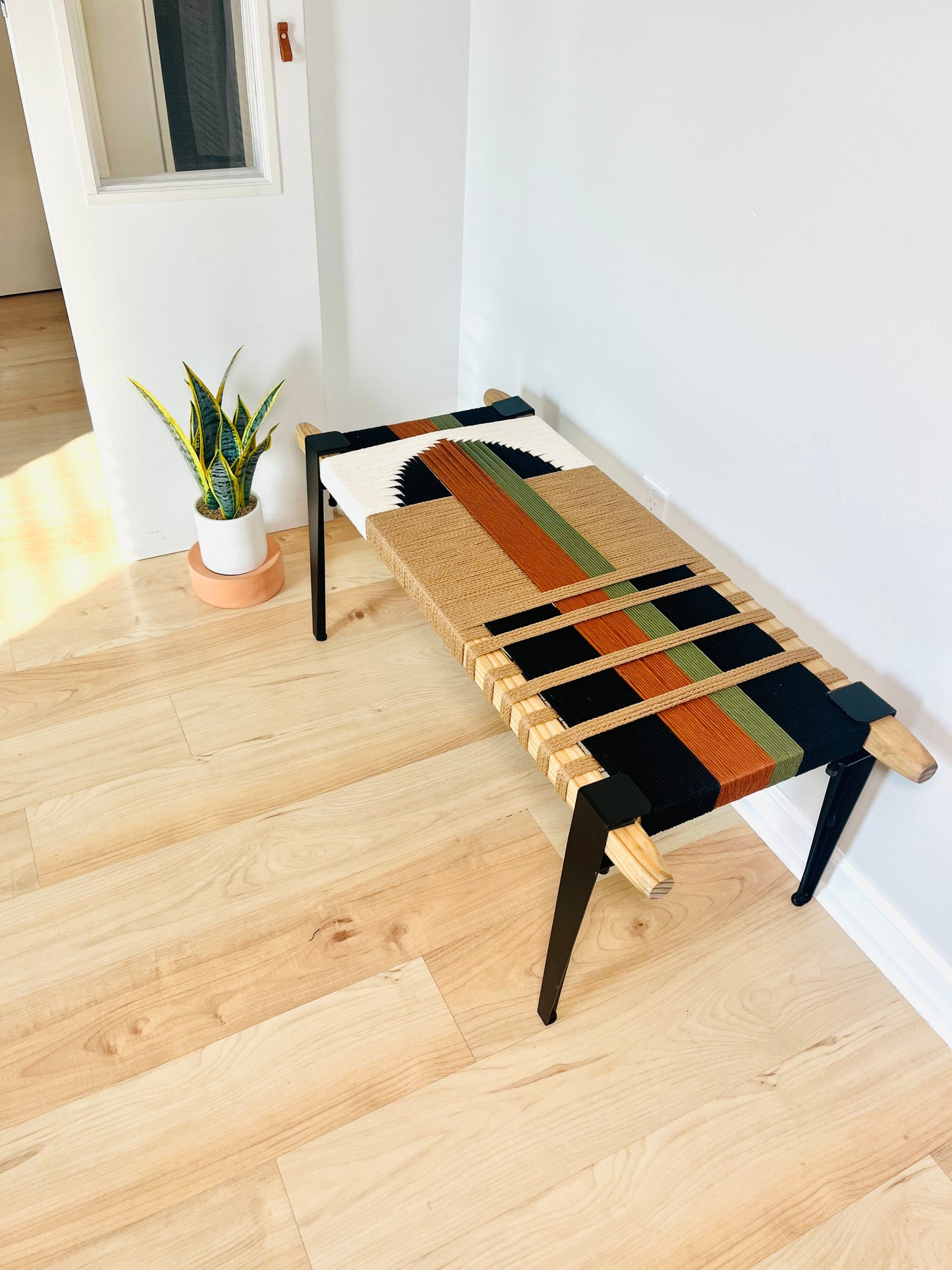 Mid Century Bench | Custom Size Woven Entryway Seating With Matte Black Legs