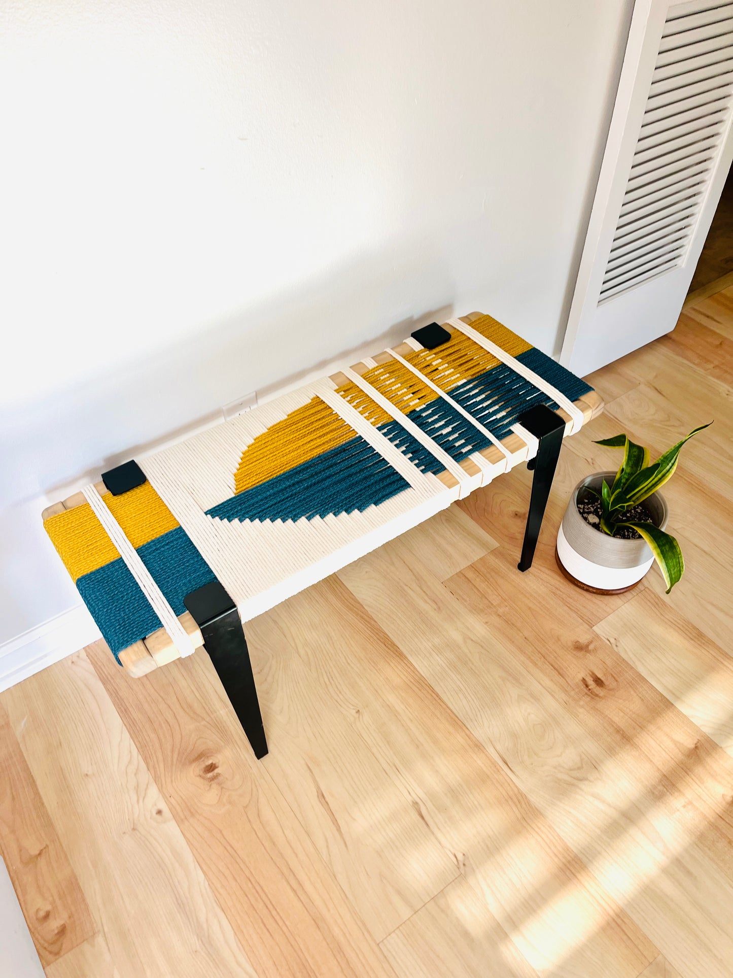 Mid Century Bench | Custom Size Woven Entryway Seating With Matte Black Legs