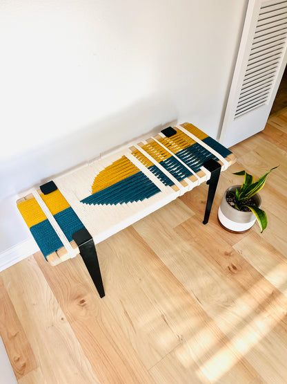 Mid Century Bench | Custom Size Woven Entryway Seating With Matte Black Legs