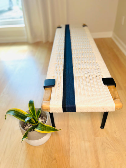 Mid Century Bench | Custom Size Woven Entryway Seating With Matte Black Legs