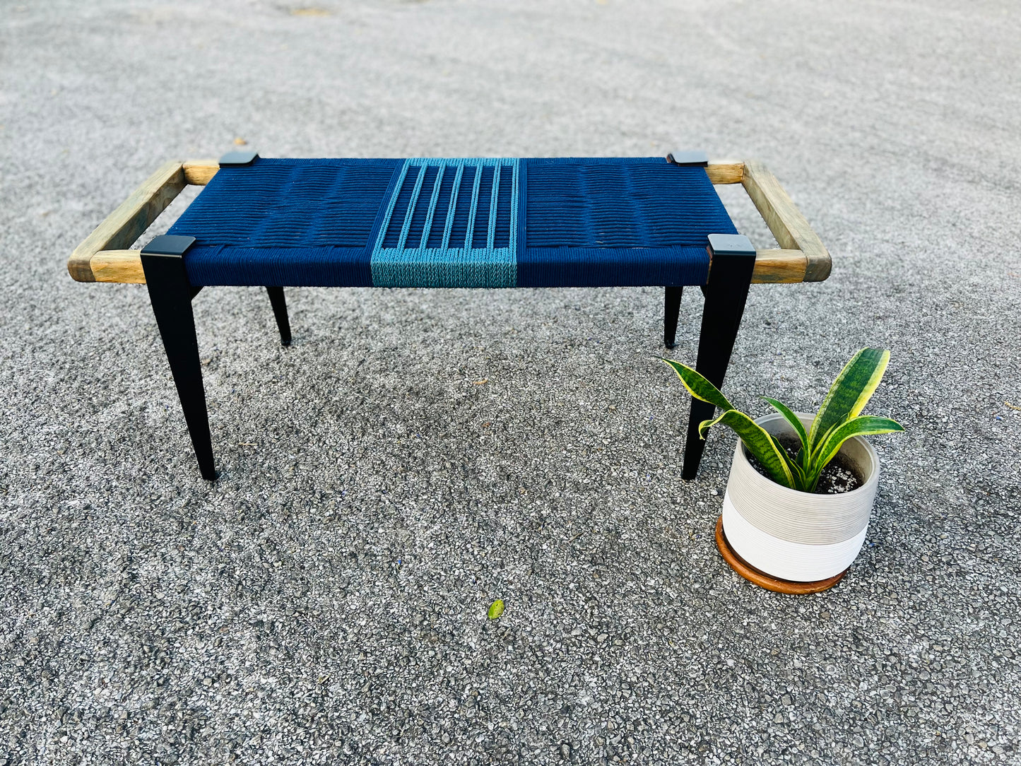 Mid Century Bench | Custom Size Woven Entryway Seating With Matte Black Legs