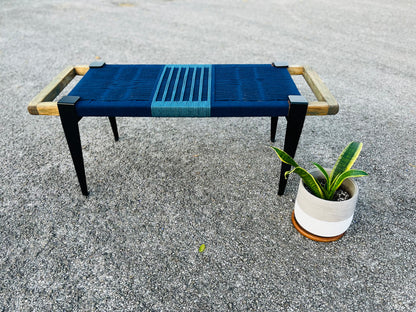 Mid Century Bench | Custom Size Woven Entryway Seating With Matte Black Legs