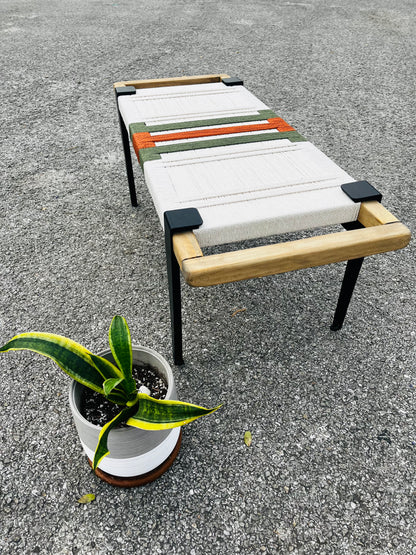 Mid Century Bench | Custom Size Woven Entryway Seating With Matte Black Legs