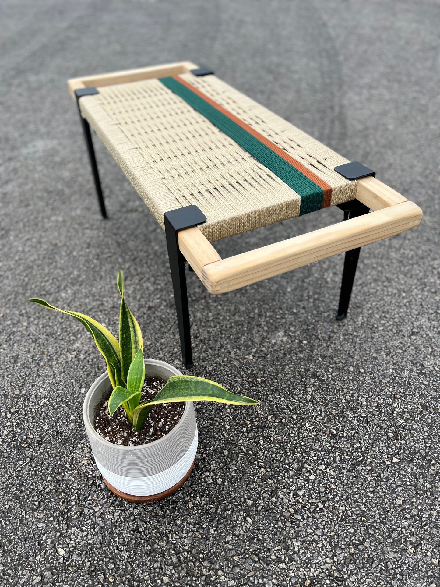 Mid Century Bench | Custom Size Woven Entryway Seating With Matte Black Legs
