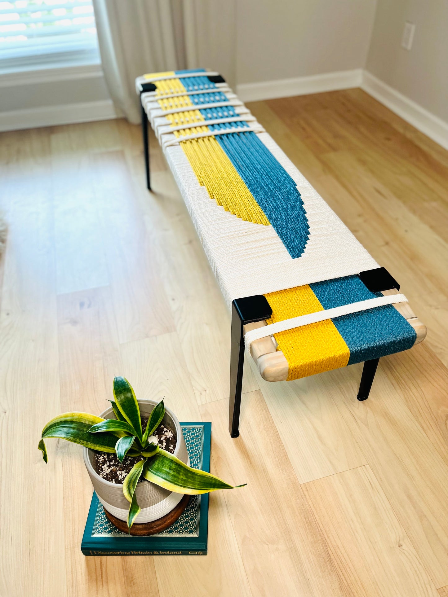 Mid Century Bench | Custom Size Woven Entryway Seating With Matte Black Legs