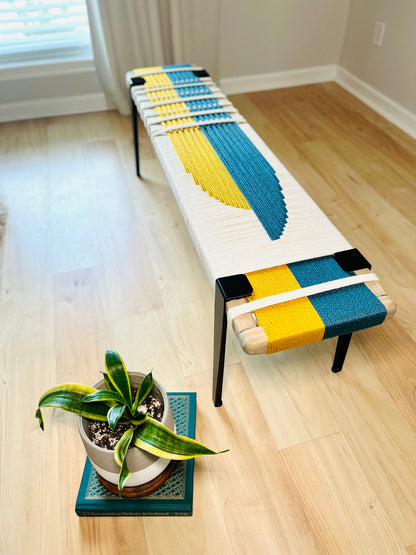 Mid Century Bench | Custom Size Woven Entryway Seating With Matte Black Legs