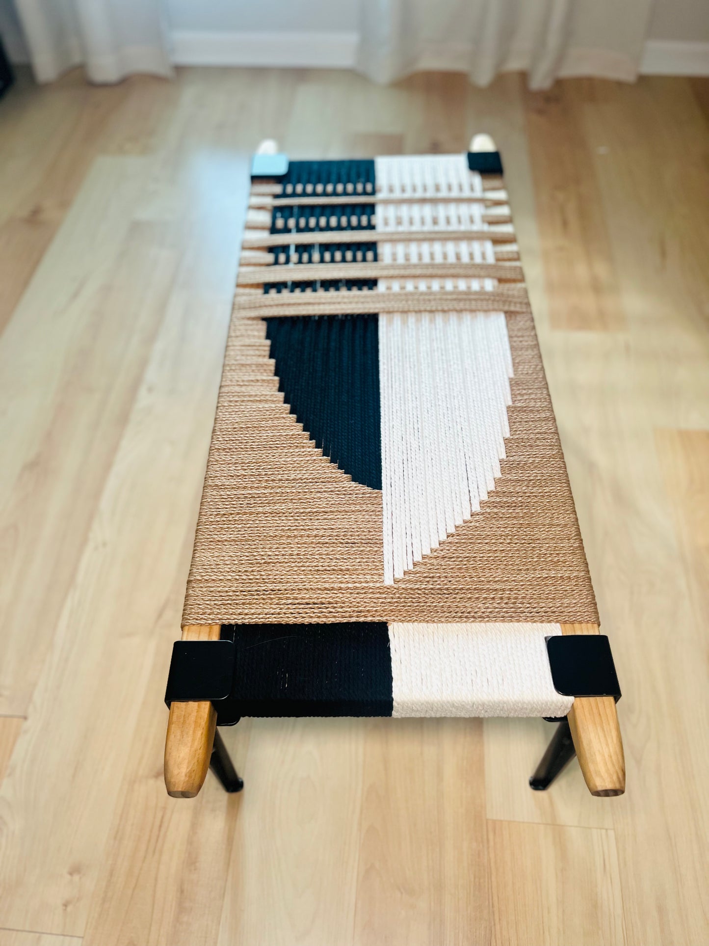 Mid Century Bench | Custom Size Woven Entryway Seating With Matte Black Legs