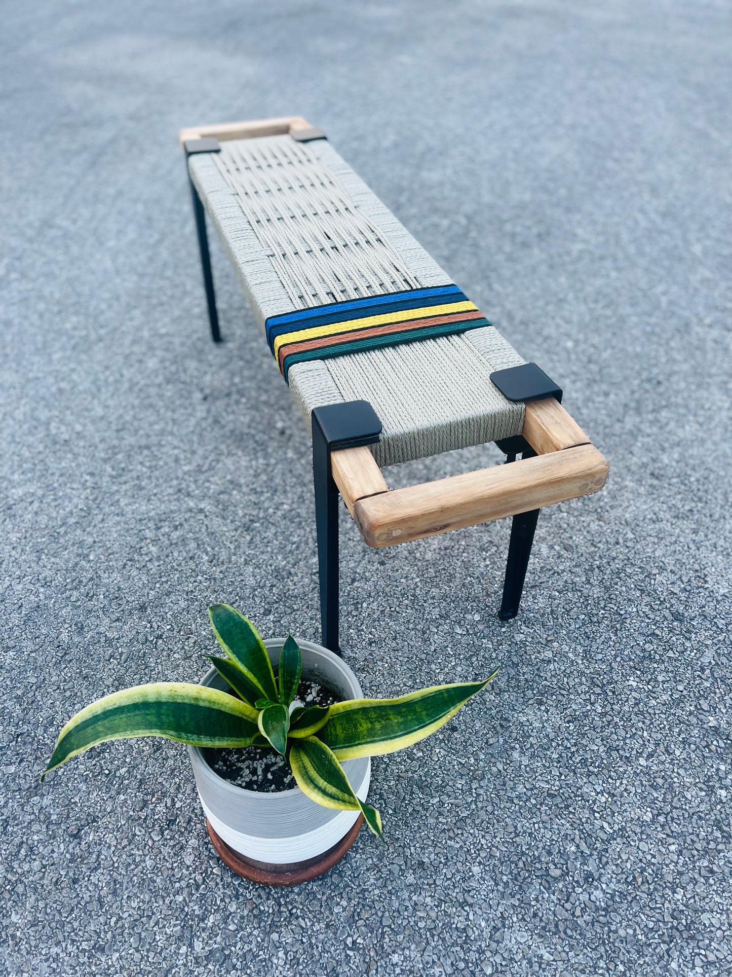 Mid Century Bench | Custom Size Woven Entryway Seating With Matte Black Legs