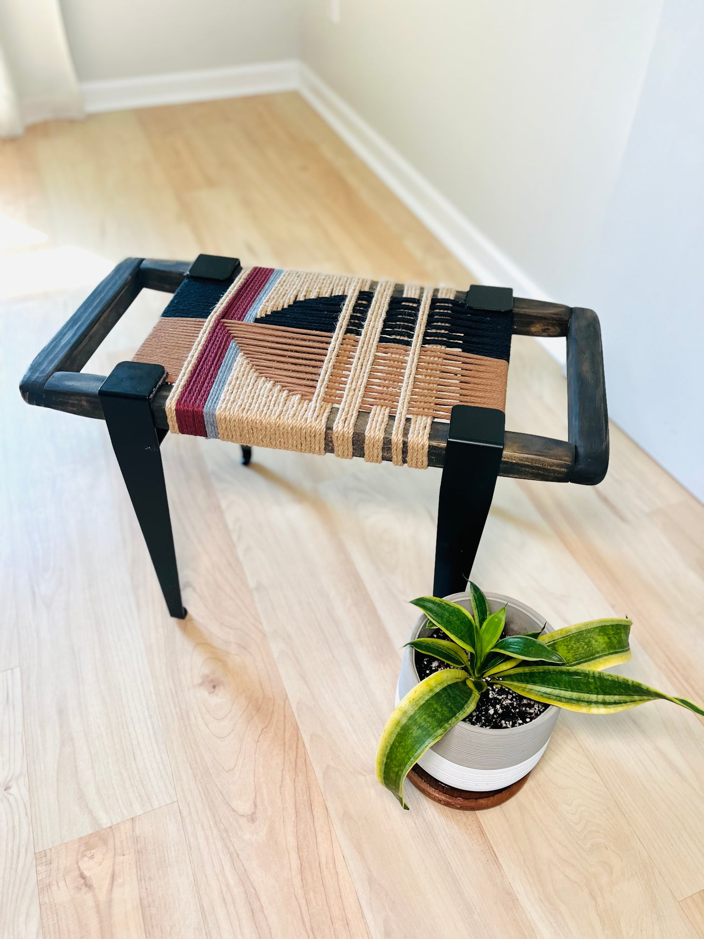 Mid Century Bench | Custom Size Woven Entryway Seating With Matte Black Legs