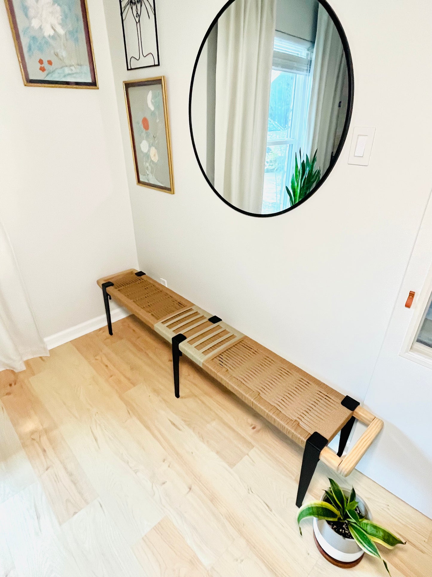 Mid Century Bench | Custom Size Woven Entryway Seating With Matte Black Legs