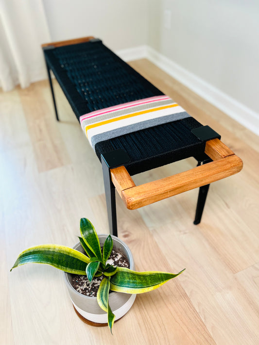 Mid Century Bench | Custom Size Woven Entryway Seating With Matte Black Legs