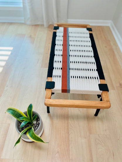 Mid Century Bench | Custom Size Woven Entryway Seating With Matte Black Legs
