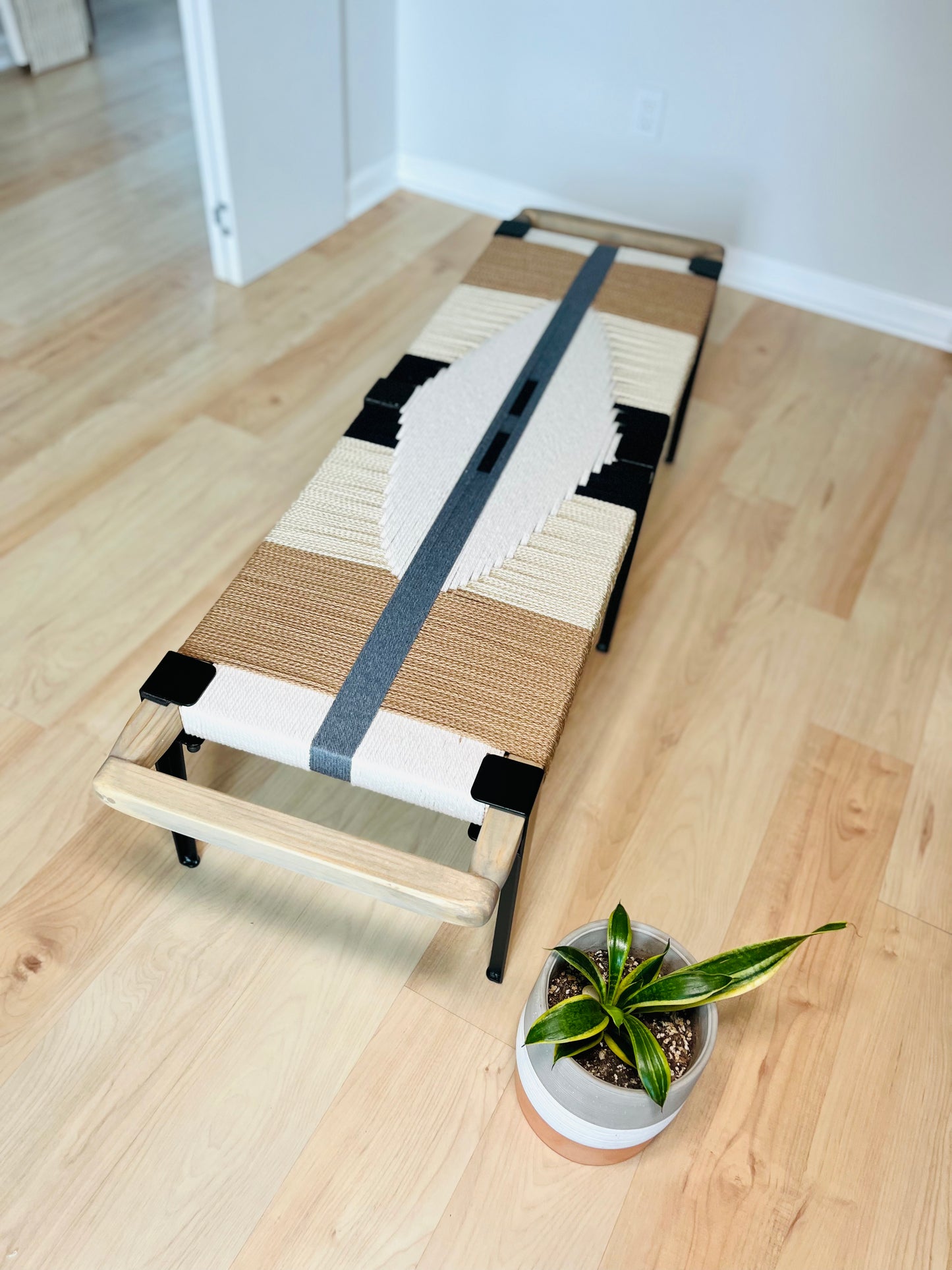 Mid Century Bench | Custom Size Woven Entryway Seating With Matte Black Legs