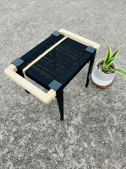 Mid Century Bench | Custom Size Woven Entryway Seating With Matte Black Legs