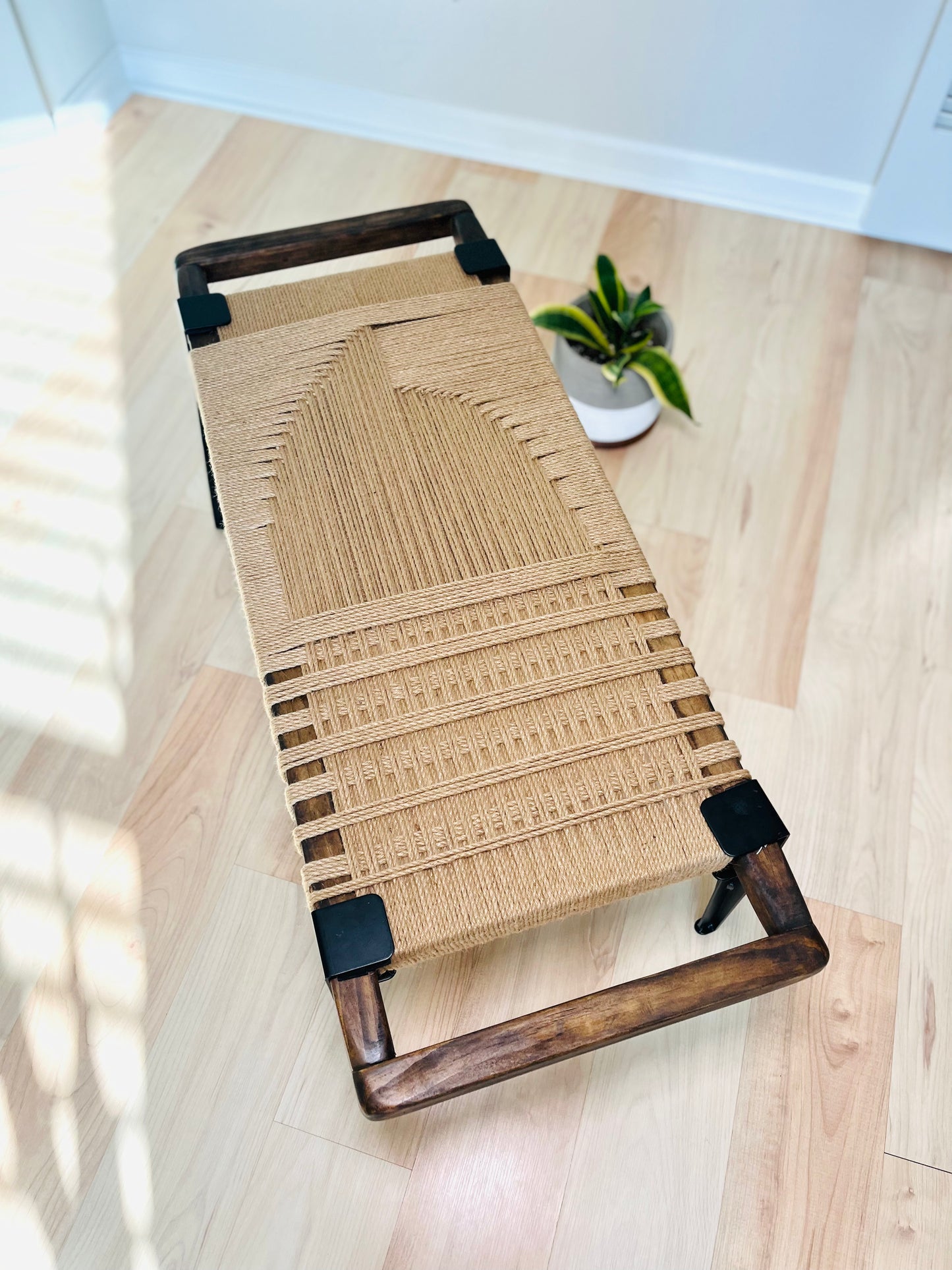 Mid Century Bench | Custom Size Woven Entryway Seating With Matte Black Legs