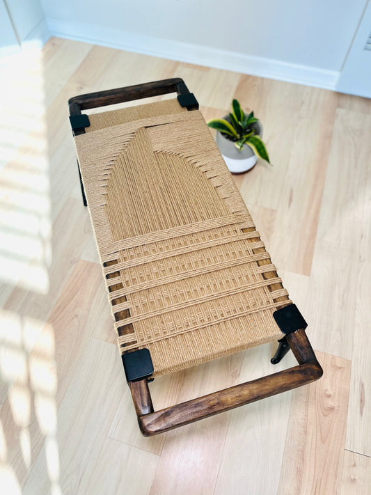 Mid Century Bench | Custom Size Woven Entryway Seating With Matte Black Legs