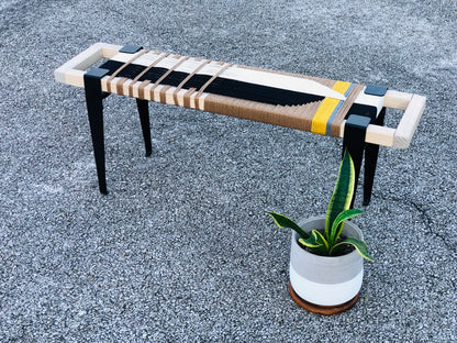 Mid Century Bench | Custom Size Woven Entryway Seating With Matte Black Legs