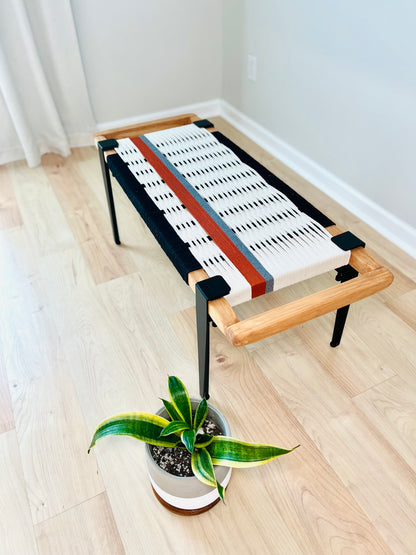 Mid Century Bench | Custom Size Woven Entryway Seating With Matte Black Legs