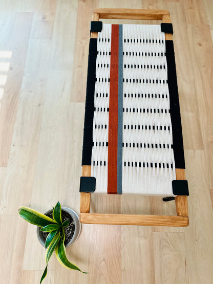 Mid Century Bench | Custom Size Woven Entryway Seating With Matte Black Legs