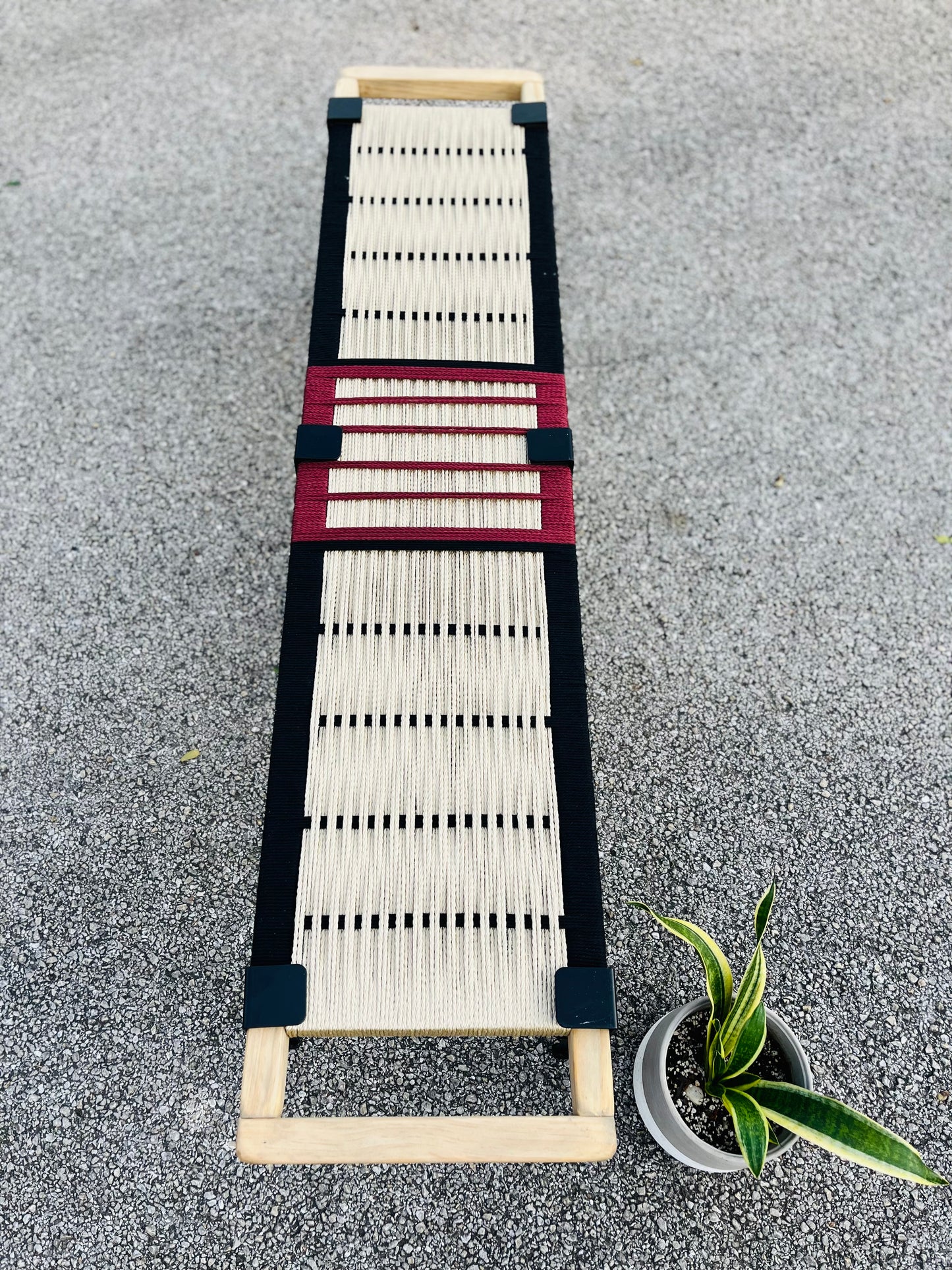 Mid Century Bench | Custom Size Woven Entryway Seating With Matte Black Legs